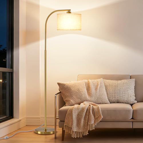 Gold Floor Lamp for Living Room & Bedroom - 65'' Modern Standing Lamp with Fabric Shade & 3-Color LED Bulb - Gold Linen Variation