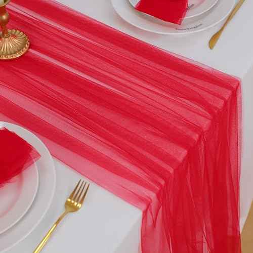 Snowkingdom Red Table Runner, 10FT Sheer Tulle Cheesecloth Gauze Table Runner, Boho Rustic Vintage Cheese Cloth for Christmas Wedding Party Bridal Baby Shower Long Table Decorations 120 inch