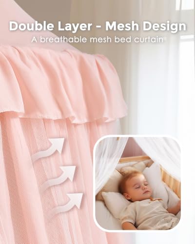 Large Peach Pink Bed Canopy for Girls with Star Lights - 39.4"x106"