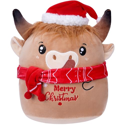 Christmas Cow Stuffed Animal: 8-Inch Cute Highland Cow Plush Toy with Festive Scarf Soft Plushie Pillow, Perfect Christmas Holiday Birthday Gifts for Kids Girls Boys