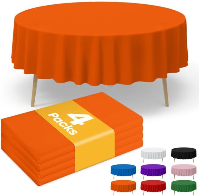 Niuara Orange Plastic Tablecloths - 4 Pack 84" Round Disposable Covers for Holiday Gatherings
