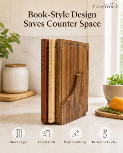 Book-Inspired Cutting Board Set with Stand - 3-Piece Hardwood Kitchen Boards, Mixed Variation