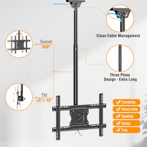 ELIVED Ceiling TV Mount for 37-75 Inch Screens, 360° Swivel, Height Adjustable 57"