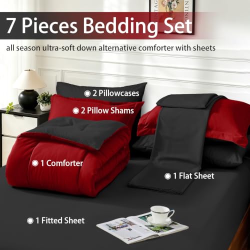 FUANNA Reversible King Size Comforter Set 7 Pieces - Red & Black
