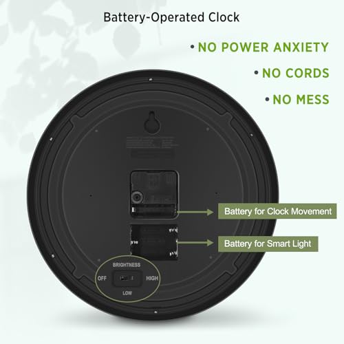 WallarGe 12-Inch Night Light Wall Clock for Bedroom - Black