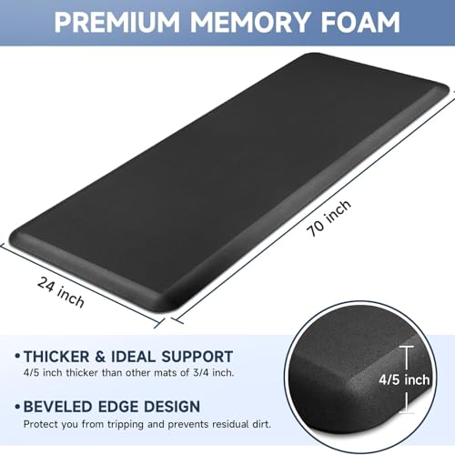 StepRite Black 70" x 24" x 0.8" Thick Memory Foam Kitchen Mat for Standing