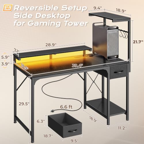 PRAISUN 39.4-Inch Gaming Desk with RGB LED Lights & Power Outlets - Black