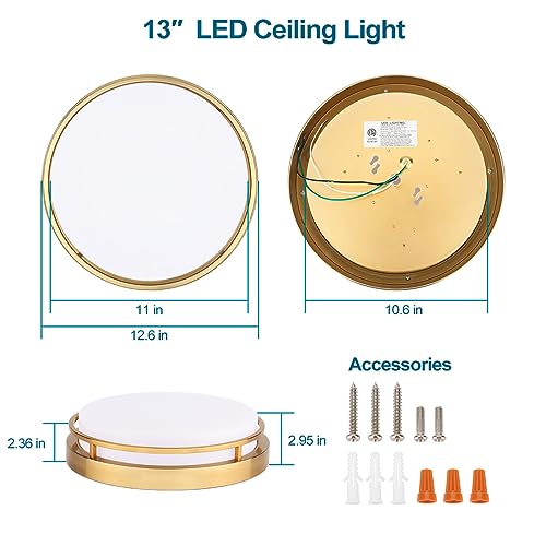 Gold 13 Inch LED Flush Mount Ceiling Light Fixture 20W with Dimmable 3-Color Temp
