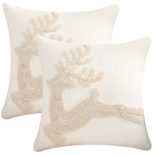Tosleo Beige Christmas Reindeer Throw Pillow Covers 18x18 Set of 2 - Holiday Decor