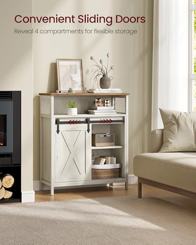 Rustic White and Honey Buffet Cabinet with Sliding Barn Door - No Power Outlet Light - 11.8D x 27.6W x 31.5H - VASAGLE