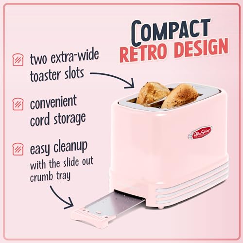 Retro Pink Wide 2-Slice Toaster with Crumb Tray & Cord Storage - Nostalgia