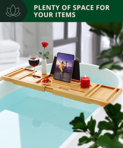 Natural Foldable Wooden Bathtub Tray Caddy - Expandable Bamboo Bath Shelf for Tub, Bathroom Accessories