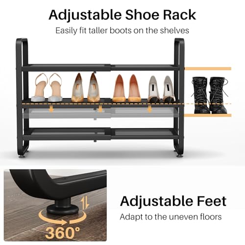 Black Expandable Metal Shoe Rack 3-Tier, Adjustable & Space-Saving Organizer