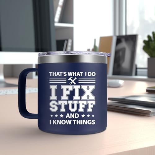 Fufendio Navy Blue I Fix Stuff and I Know Things Mug 14oz - Perfect Dad Gift