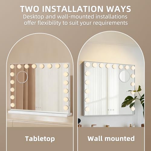 KOKZSSZ 26x20.9 Inch Hollywood Vanity Mirror with Lights, Dimmable LED, 10X Magnification, Wall & Desk Mount