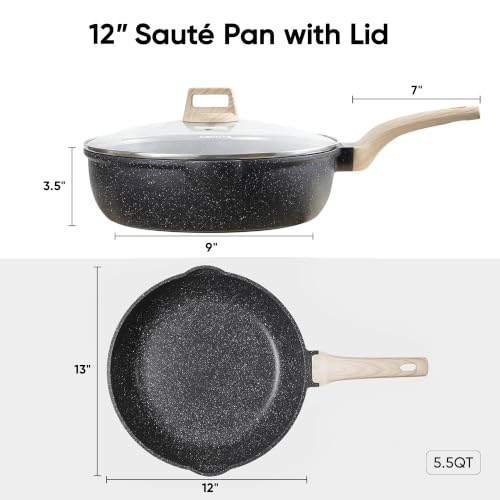 CAROTE 12-Inch Nonstick Deep Frying Pan with Lid, 5.5 Qt Classic Granite