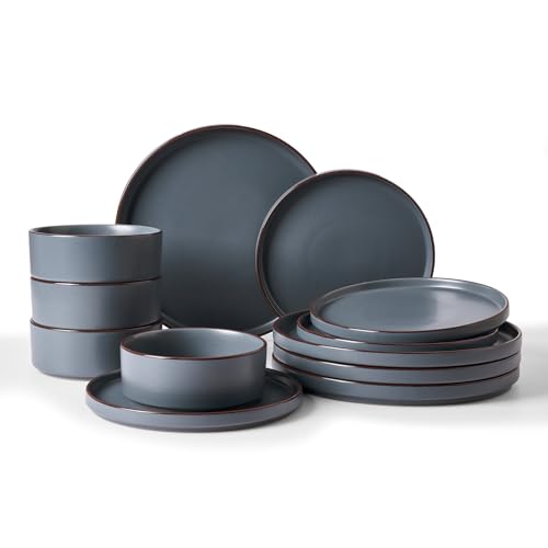 Famiware Nebula Ridge 12-Piece Charcoal Stoneware Dinnerware Set for 4