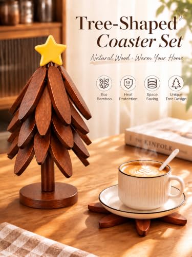 KOWINDA Brown-Star Christmas Tree Trivet Set with Stand – 5 Foldable Wooden Heat-Resistant Tree Coasters