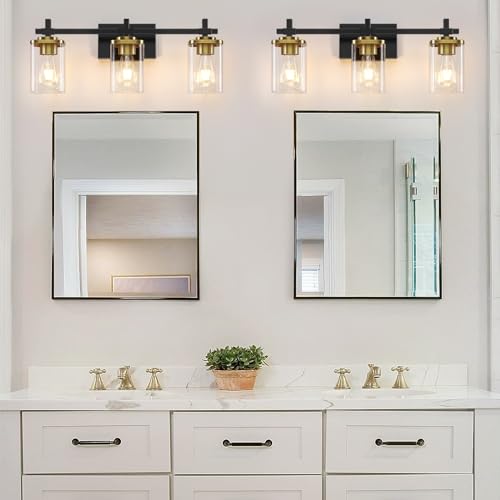 Black and Gold Bathroom Light Fixtures - 3-Lights Vanity Wall Sconces with Square Glass Shades - Variation of THIS listing
