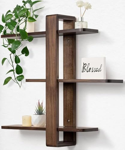Walnut 3-Tier Floating Wall Shelves - Mid Century Modern Decor