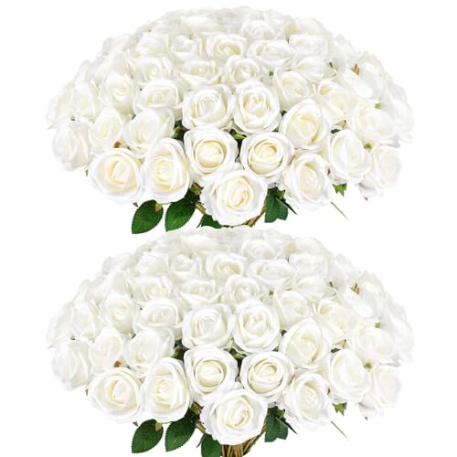 Artificial Roses Bulk - White Velvet Silk Flowers, 60 Long Stems - Versatile Home & Wedding Decor
