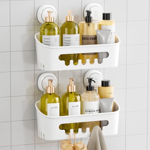 White Shower Caddy Suction Cup 2 Pack Waterproof Bathroom Organizer Heavy Duty