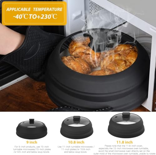 Microwave Splatter Cover Glass Lid with Collapsible Silicone Handle - 11.8 Inch Black
