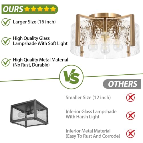 16'' Gold Semi Flush Mount Ceiling Light, 4-Light Glass Drum Light