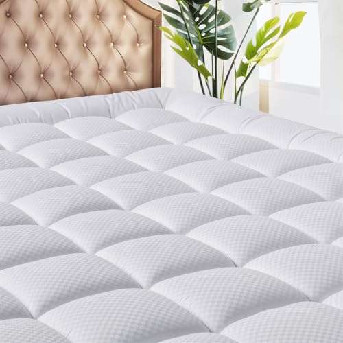White Checkered King Size Cooling Mattress Topper 78x80 Inches - Deep Pocket, Quilted Fitted Protector