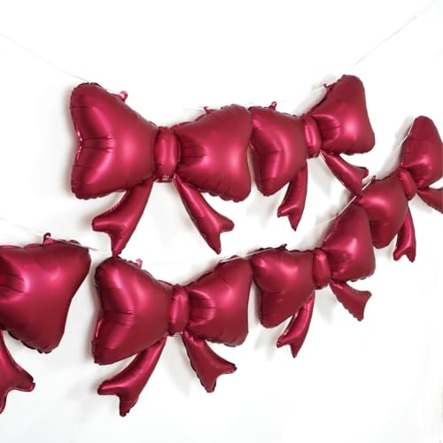 Burgundy Red Bow Balloons 6pc Matte Metallic Bow Tie Foil Balloons (Variation: Burgundy Red) - Party Era