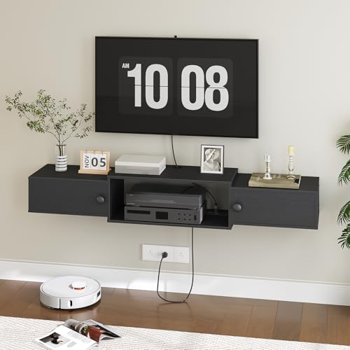 HOOBRO 55-Inch Black Floating TV Stand with Power Outlets Wall Mount Modern Media Console