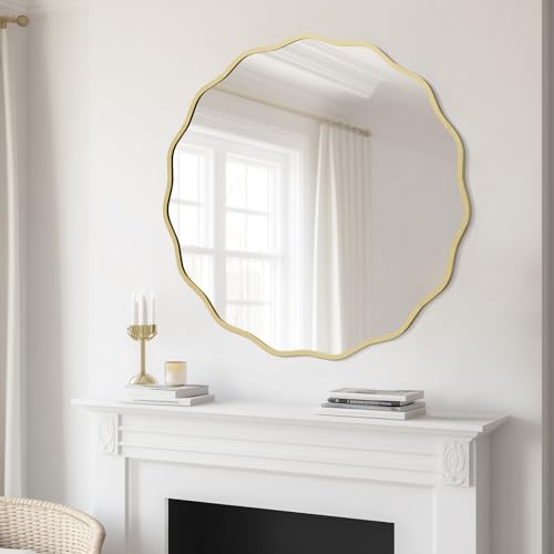 Gold 32-inch Wavy Round Wall Mirror with Aluminum Frame - Modern Bathroom & Living Room Decor