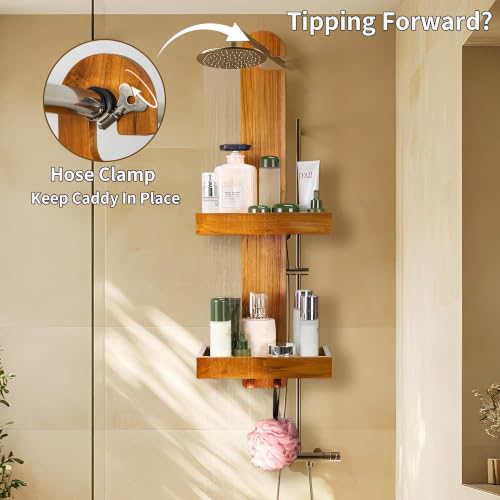 Teak Hanging Shower Caddy with Hooks - Over Head Bathroom Organizer