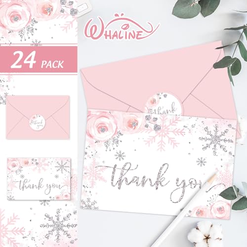 Whaline Pink Glitter Snowflake Thank You Cards 24 Pack with Envelopes & Stickers