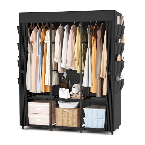 Black Portable Wardrobe Closet with Cover, 3 Hanging Rods & 6 Shelves - 49.2" Wide