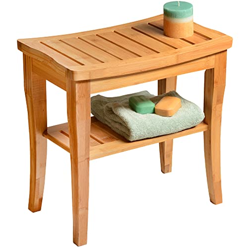 Bambüsi Bamboo Shower Bench with Storage Shelf, Non Slip Feet - Compact Spa Seat