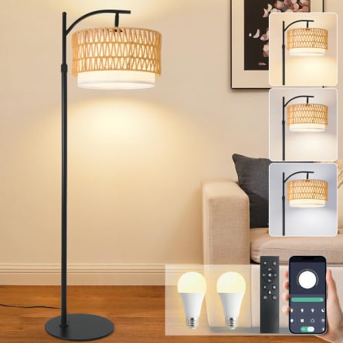 Country Black Rustic Farmhouse Floor Lamp with Woven Rattan Shade - 12W LED Dimmable Tall Standing Light for Living Room - DRAWNCAT