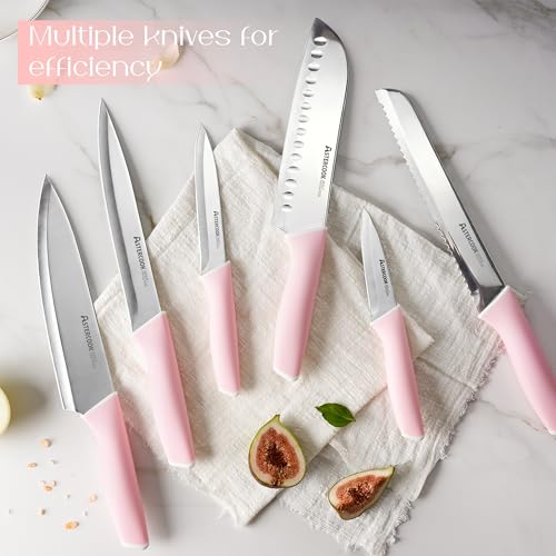 Pink 15-Piece Kitchen Knife Set with Block & Sharpener - High-Carbon Stainless Steel