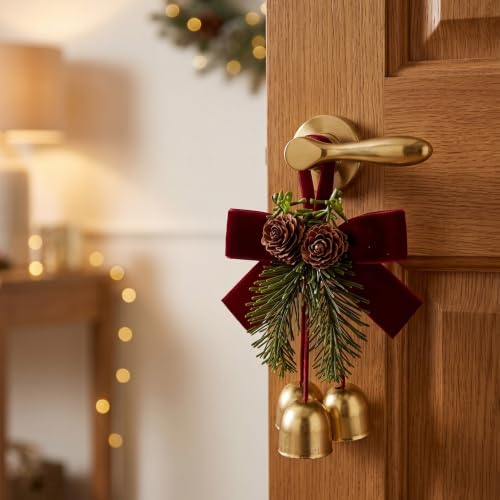 4 Pack Christmas Bow Ornaments with Jingle Bells, Pine Cone Hanging