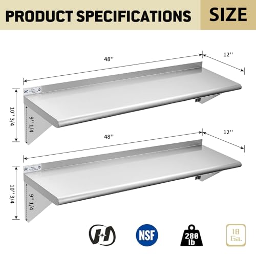 Hally 12x48 Inch Stainless Steel Wall Shelf 2 Pack Commercial Grade NSF
