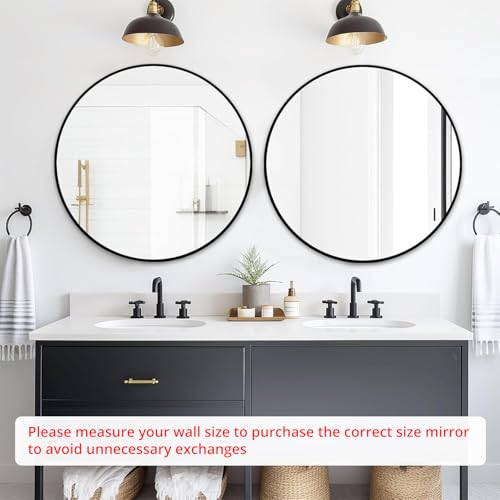 30 Inch Black Round Wall Mirror - Matte Framed Bathroom Mirror with Two Mounting Holes