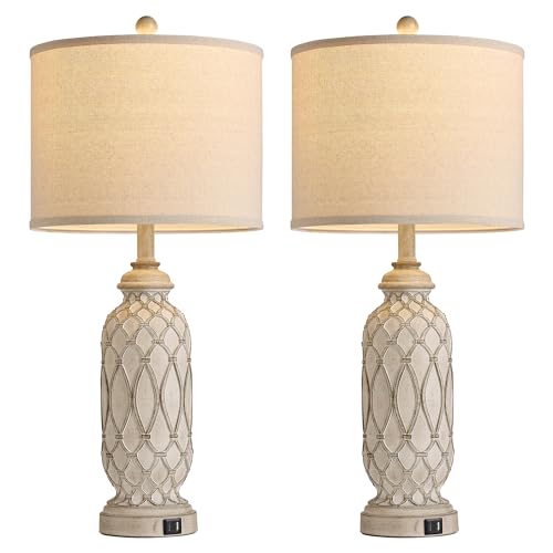 Ireliare 28-Inch Beige Farmhouse Table Lamps Set of 2 with USB Charging & Touch Dimmable Nightstand Lamps