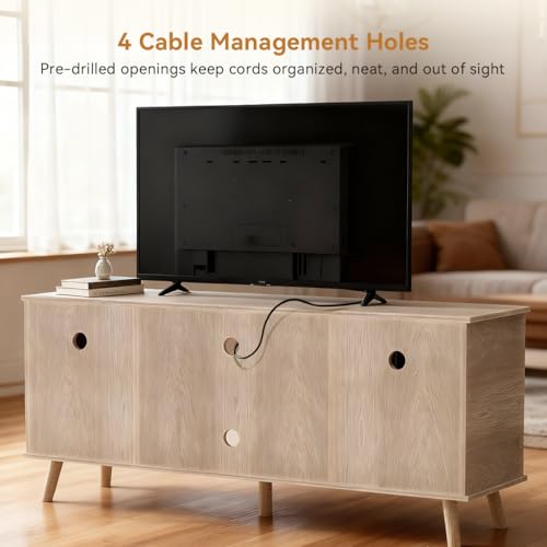 Natural Rattan TV Stand for 65 Inch TVs with Charging Station, Mid Century Modern Entertainment Center, Boho Media Console with Storage & Shelves - 59"