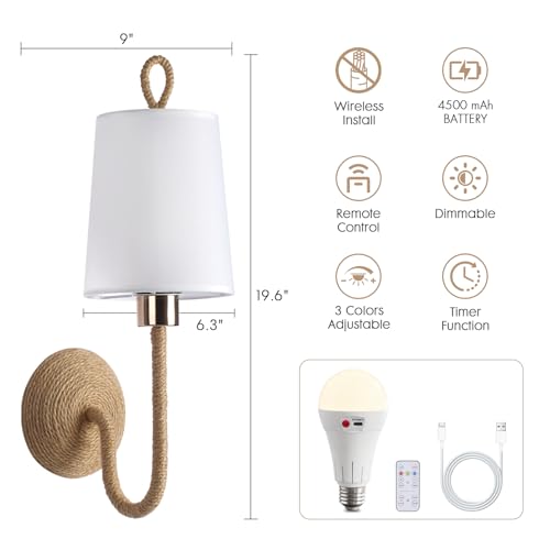 Set of 2 Battery-Operated Boho Wall Sconce Lamps with Remote – Rechargeable LED Rattan Lights for Bedroom & Living Room