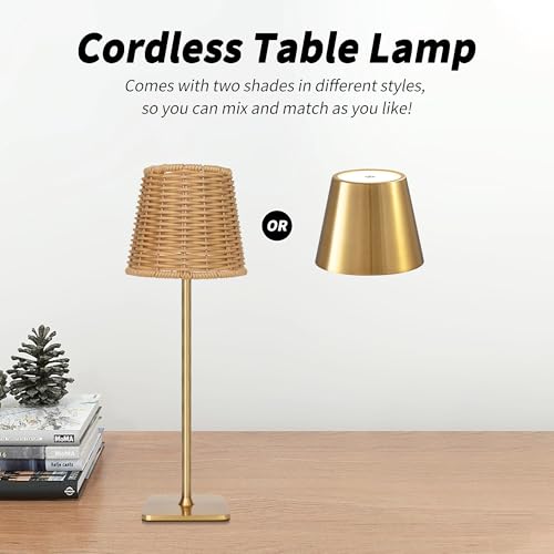 Outdoor Waterproof Cordless LED Table Lamp with Wicker Shade - Gold