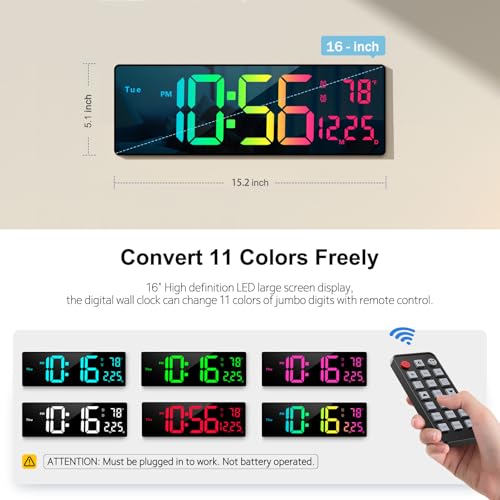Abovsare 16-Inch Multicolor Digital Wall Clock with Remote & Night Light