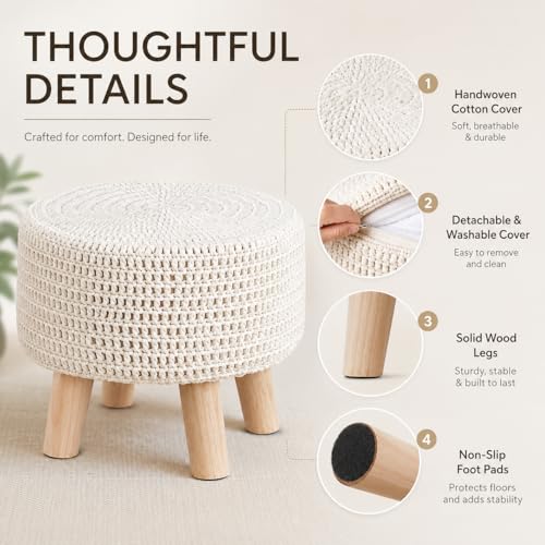 Beige 13-Inch Handmade Cotton Knitted Boho Ottoman with Wooden Legs