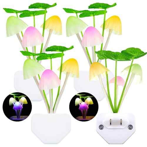 Mudder 4 Pcs Sensor Mushroom Night Lights LED Night Lights 7 Color Changing Plug-in Light Sensor Wall Lamp for Adults Bedroom, Bathroom, Christmas Party Gift(Lotus Leaf Style)
