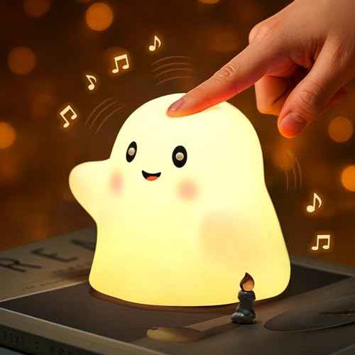 Halloween Cute Ghost Night Light for Kids-Touch+Squishy Silicone+2700k Eye-Safe LED+Fun Sounds,30-Min Timer,Dimmable,Nursery/Bedside/Bedroom Light - Gift for Boys&Girls&Baby&Toddler Cut Ghost Light