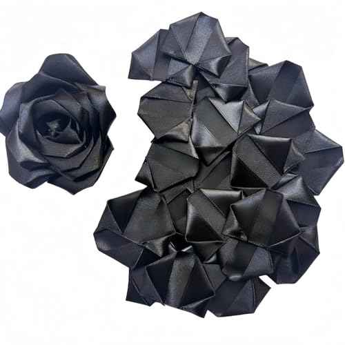 100Pcs Pre-Shaped Satin Ribbon Petals, DIY Forever Rose Making Supplies for Wedding Decor, Christmas, Mother's Day Gifts (Black)
